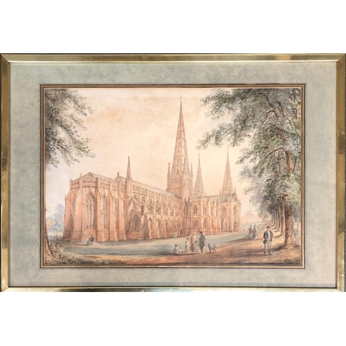 474 - A 19th century watercolour of Lichfield Cathedral, 30x45cm