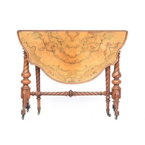 550 - A Victorian burr walnut gateleg table, the shaped quarter veneer top on a spirally turned base, with... 