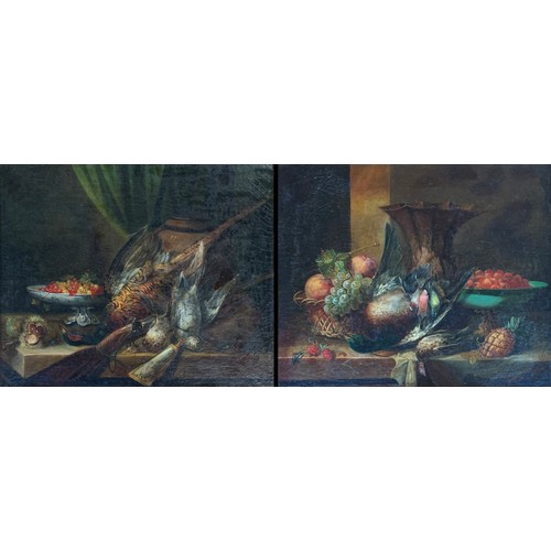 308 - 18th/19th century European School, still life of dead birds and fruit; and a companion, a pair, oil ... 