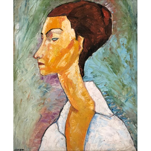 346 - 20th century oil on board, portrait of a lady, signed 'Hanna', and dated 1935 to verso, 54x45cm