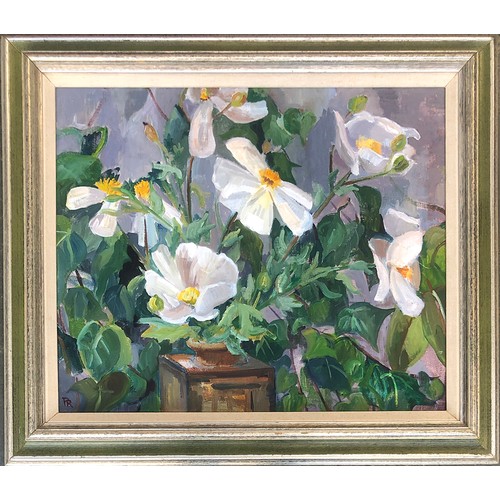 355 - Peggy Rutherford (20th century), still life of California tree poppies, oil on canvas, monogrammed, ... 