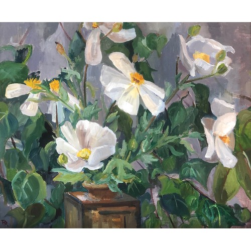 355 - Peggy Rutherford (20th century), still life of California tree poppies, oil on canvas, monogrammed, ... 