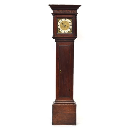 447 - A George III oak longcase clock, moulded pediment over parquetry frieze, the 9 inch dial with Roman ... 