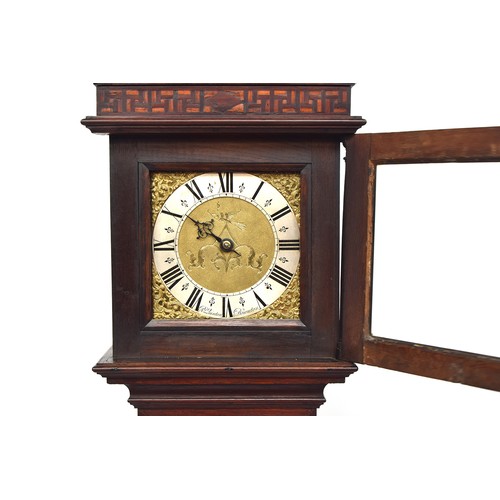 447 - A George III oak longcase clock, moulded pediment over parquetry frieze, the 9 inch dial with Roman ... 