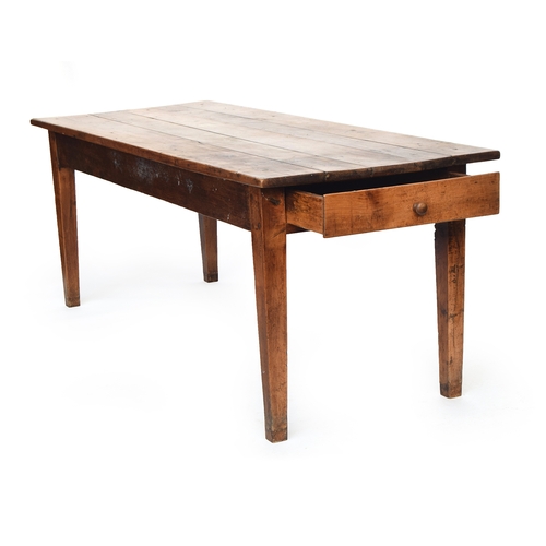 589 - A 19th century French fruitwood kitchen table, five plank top, with single end drawer, on square tap... 