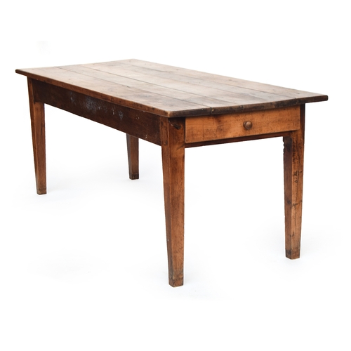 589 - A 19th century French fruitwood kitchen table, five plank top, with single end drawer, on square tap... 