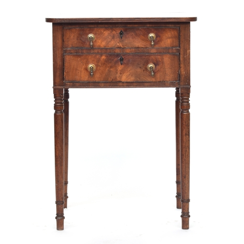 539 - A Regency mahogany work table, the top with ebony stringing and inlaid fleur de lis motif, over two ... 