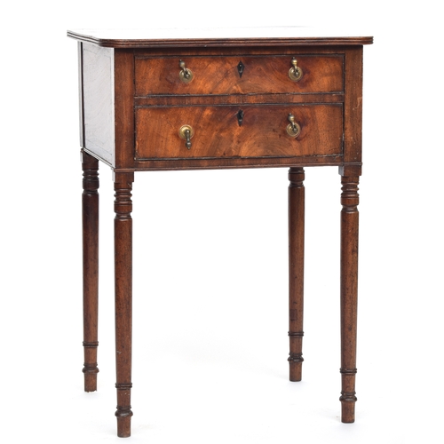 539 - A Regency mahogany work table, the top with ebony stringing and inlaid fleur de lis motif, over two ... 