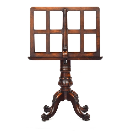 648 - A Victorian walnut portfolio stand, the two slatted hinged leaves on a brass ratchet mechanism (cord... 