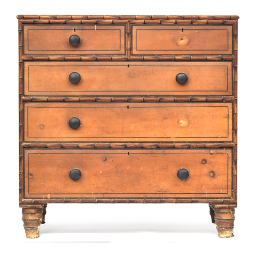 485 - A 19th century painted faux bamboo chest of two short over three graduating drawers, on turned feet,... 