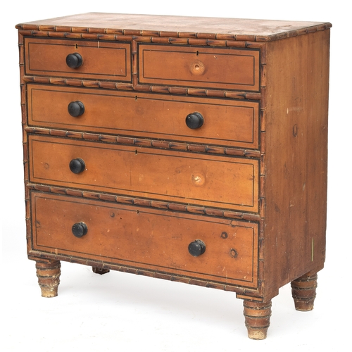 485 - A 19th century painted faux bamboo chest of two short over three graduating drawers, on turned feet,... 