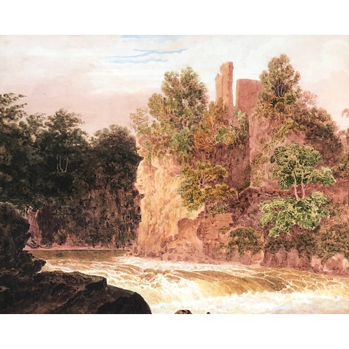 282 - Charlotte Cox (British, 1845-1918), 'A Waterfall' and 'Ruin by a River', watercolours on paper, 26x3... 