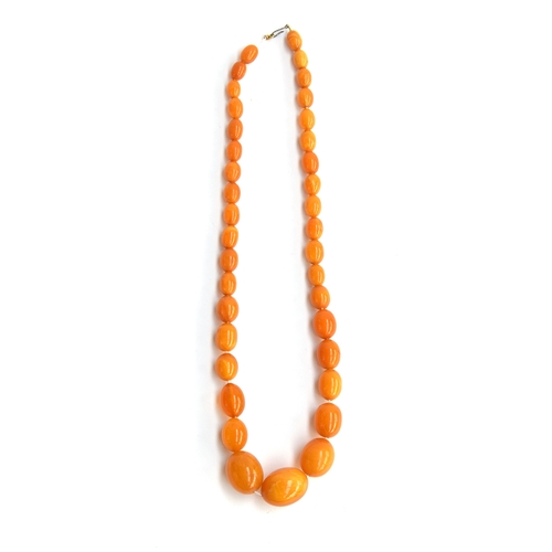 43 - An amber bead necklace, the 37 beads graduated, the largest bead approx. 3.6cm wide, the smallest be... 