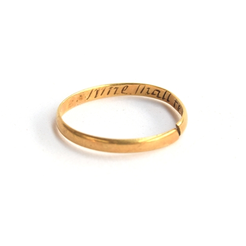 31 - A gold 18th century 'posy ring', the inside shank engraved 'Time Shall Tell I Love You Well', the ba... 