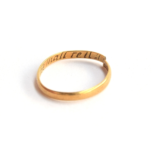 31 - A gold 18th century 'posy ring', the inside shank engraved 'Time Shall Tell I Love You Well', the ba... 