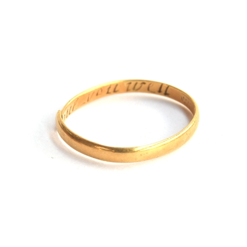 31 - A gold 18th century 'posy ring', the inside shank engraved 'Time Shall Tell I Love You Well', the ba... 