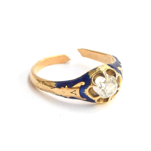 4 - A Victorian gold, diamond and blue enamel ring, tests as 18ct or higher, the claw set diamond approx... 