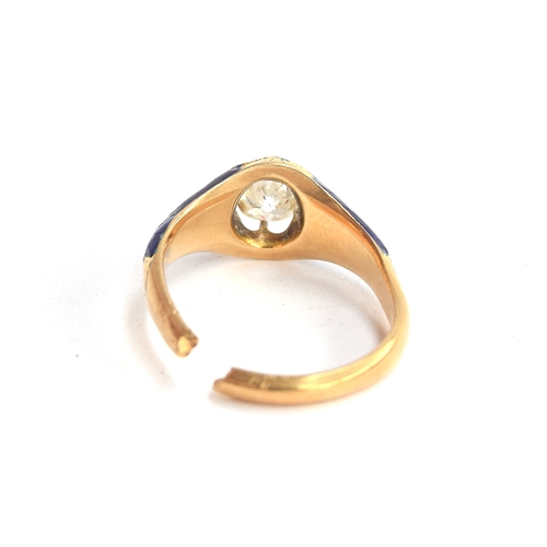 4 - A Victorian gold, diamond and blue enamel ring, tests as 18ct or higher, the claw set diamond approx... 