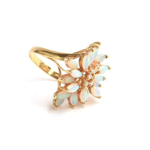 10 - A 14ct gold modernist dress ring set with 18 marquise cut opals surrounding diamonds, size M 1/2, ap... 