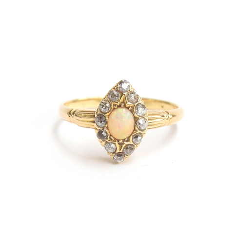 8 - An 18ct gold diamond and opal marquise ring, size Q 1/2, approx. 3.1g