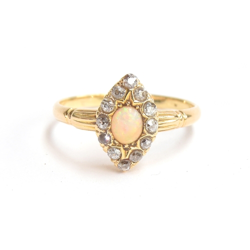 8 - An 18ct gold diamond and opal marquise ring, size Q 1/2, approx. 3.1g