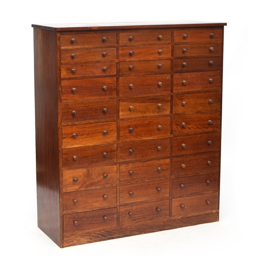 510 - A 20th century mahogany collector's cabinet, forming a bank of 30 drawers, in three columns, 123cm w... 