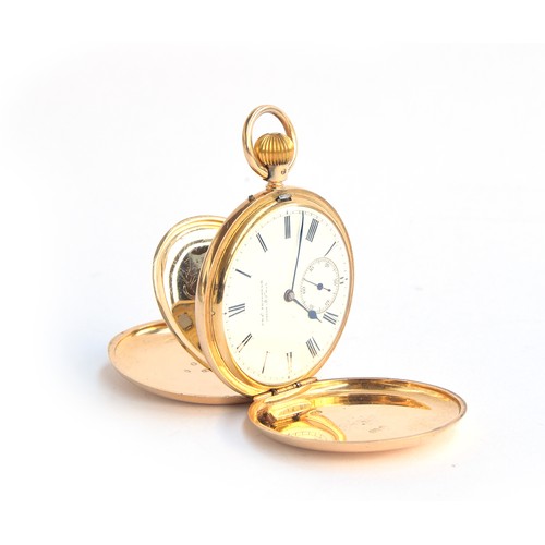 435 - A Victorian 18ct gold full hunter pocket watch, the white enamel dial with Roman numerals and subsid... 