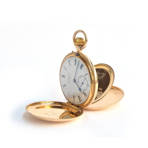 435 - A Victorian 18ct gold full hunter pocket watch, the white enamel dial with Roman numerals and subsid... 