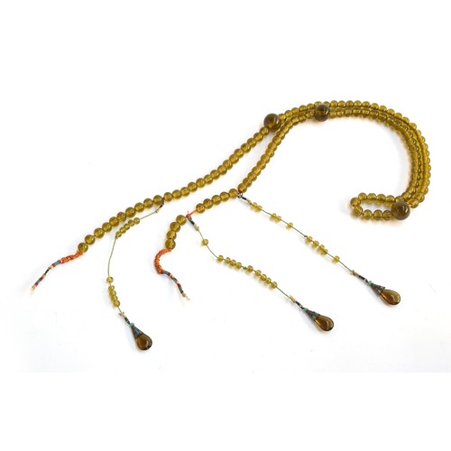 170 - A Chinese court necklace/chaozhu (af), with olive coloured beads, the terminating drop shaped beads ... 