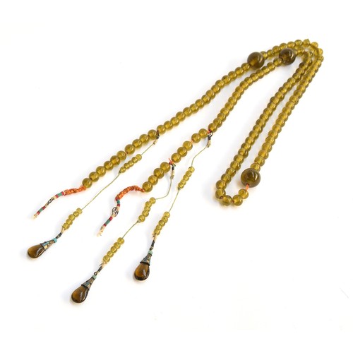 170 - A Chinese court necklace/chaozhu (af), with olive coloured beads, the terminating drop shaped beads ... 