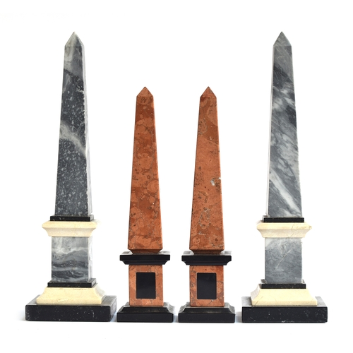 421 - Two pairs of marble obelisks, 38cm high and 30.5cm high

Provenance: from the estate of Professor Ja... 