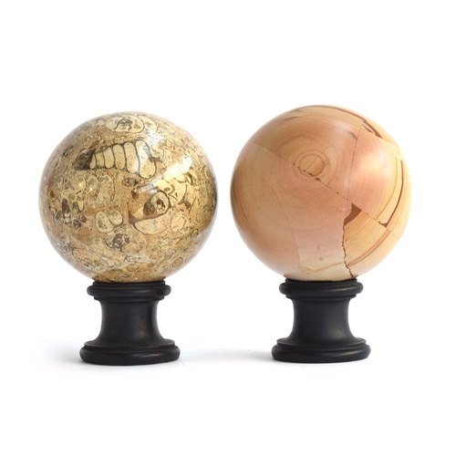 422 - A pair of polished marble orbs, approx. 14.5cm diameter, each on turned ebonised bases

Provenance: ... 