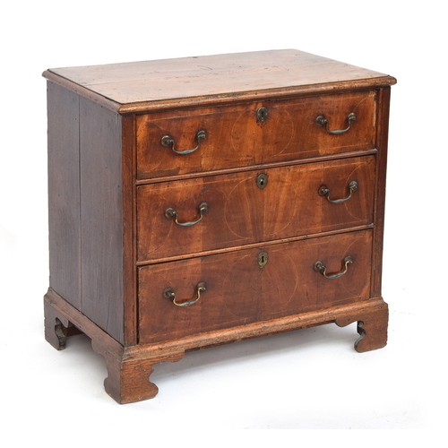 472 - An early 18th century walnut chest of three drawers, inlaid, 86cm wide, 54cm deep, 82cm high