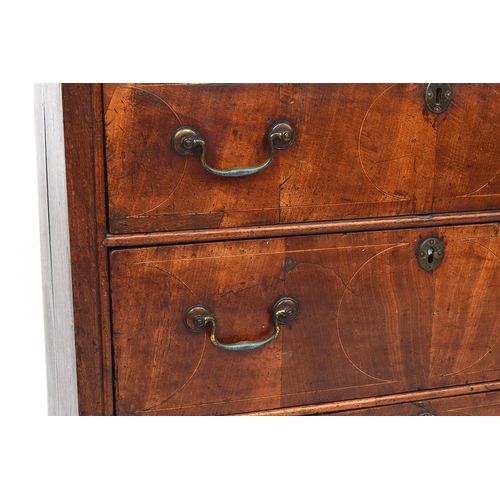 472 - An early 18th century walnut chest of three drawers, inlaid, 86cm wide, 54cm deep, 82cm high