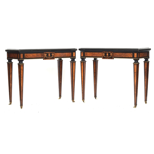 536 - A pair of burr walnut, ebonised, and marquetry Victorian swivel top card tables, each frieze with ce... 