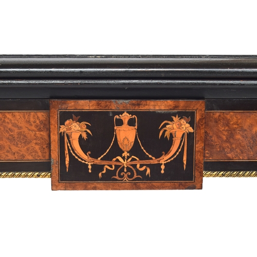 536 - A pair of burr walnut, ebonised, and marquetry Victorian swivel top card tables, each frieze with ce... 