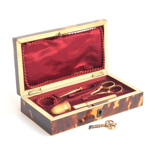 90 - A 19th century French tortoiseshell cased gold etui, the hinged lid af, with fitted red velvet inter... 