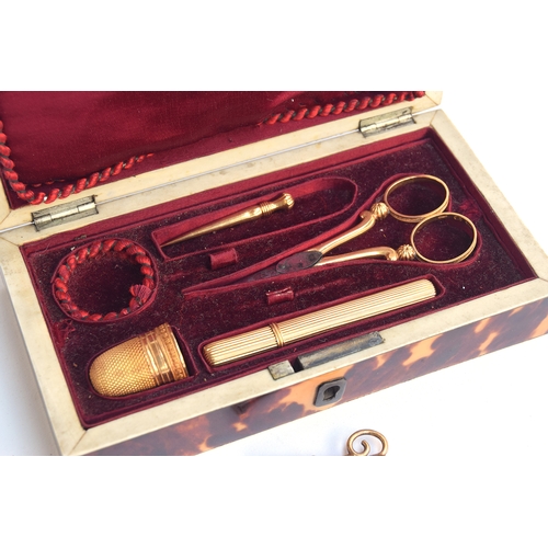 90 - A 19th century French tortoiseshell cased gold etui, the hinged lid af, with fitted red velvet inter... 