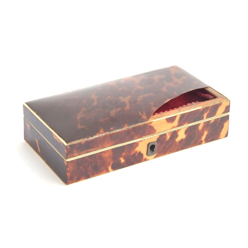 90 - A 19th century French tortoiseshell cased gold etui, the hinged lid af, with fitted red velvet inter... 