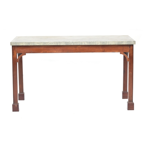 586 - A George III marble topped serving table, the moulded square section legs on later block feet, 145cm... 