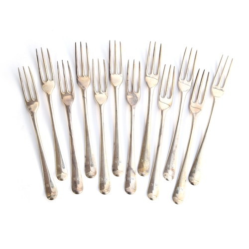 52 - A set of twelve George III silver Hanoverian pattern table forks, by Isaac Callard, London 1766, thr... 