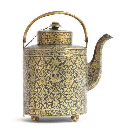 151 - A 19th century c.1860 Thai niello gilded silver teapot of cylindrical form, with a liner and split h... 