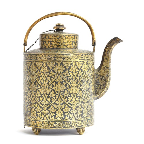 151 - A 19th century c.1860 Thai niello gilded silver teapot of cylindrical form, with a liner and split h... 