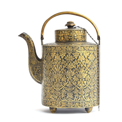 151 - A 19th century c.1860 Thai niello gilded silver teapot of cylindrical form, with a liner and split h... 