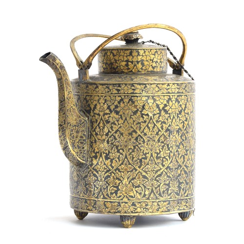 151 - A 19th century c.1860 Thai niello gilded silver teapot of cylindrical form, with a liner and split h... 