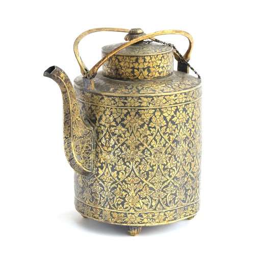 151 - A 19th century c.1860 Thai niello gilded silver teapot of cylindrical form, with a liner and split h... 