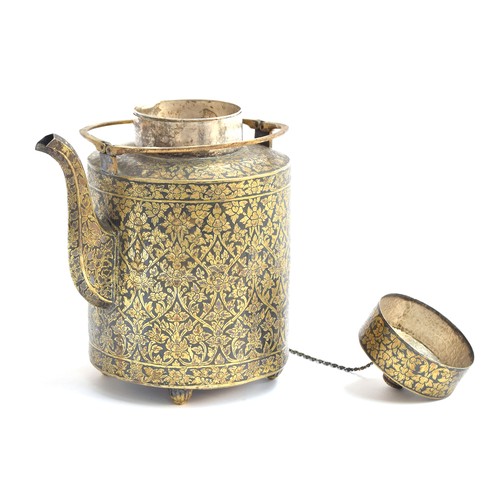 151 - A 19th century c.1860 Thai niello gilded silver teapot of cylindrical form, with a liner and split h... 