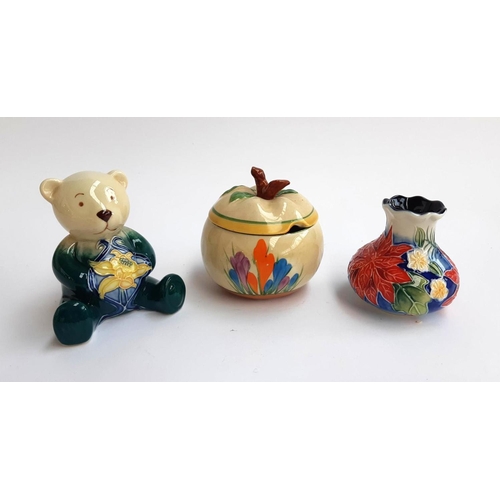 102 - A Clarice Cliff lidded jar together with an Old Tupton Ware teddy bear & vase, all stamped to base