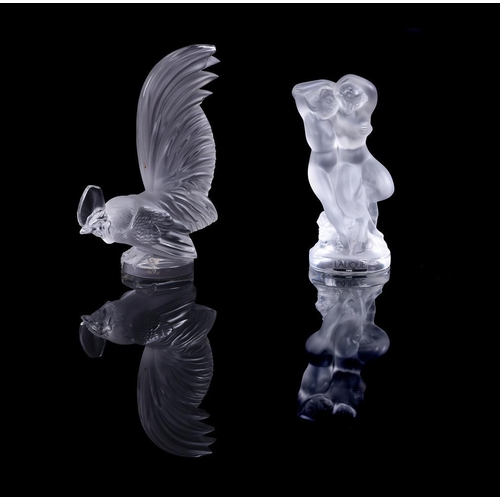 218 - A clear and frosted glass Lalique 'Coq Nain' cockerel, script mark and old paper label 'Made in Fran... 