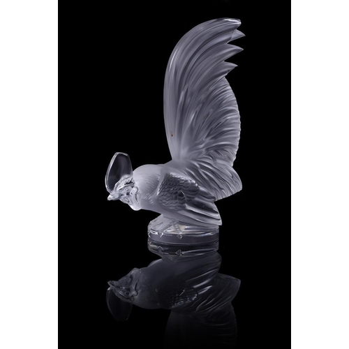 218 - A clear and frosted glass Lalique 'Coq Nain' cockerel, script mark and old paper label 'Made in Fran... 